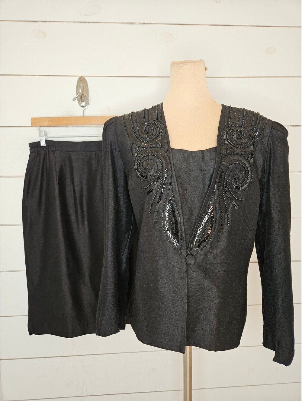 Vintage Karen Miller black 3 piece formal skirt suit with black sequins